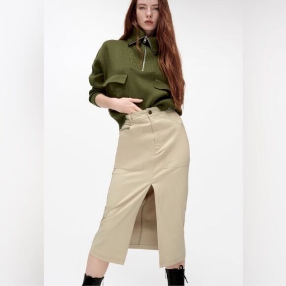 Zara Straight Midi Skirt Front Slit Pockets Size Medium - Picture 16 of 16